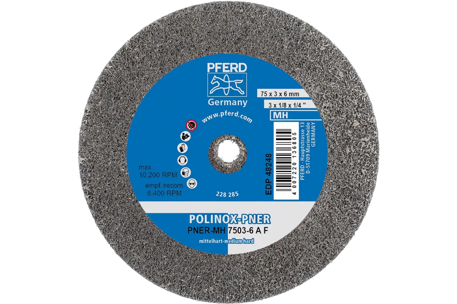 Picture of Pferd Polinox® Unitized Wheel, 3" X 1/8 X 1/4, Fine, Medium-Soft, 6Af, Aluminum Oxide